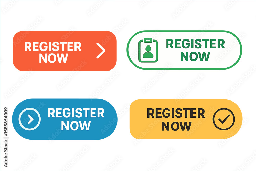Aufkleber modern register now buttons set. flat style web registration buttons for services, blogs, websites. 