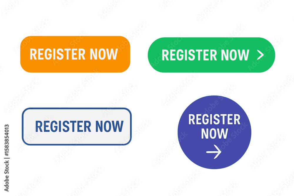 Poster modern register now buttons set for websites and apps – colorful flat ui elements for registration, 