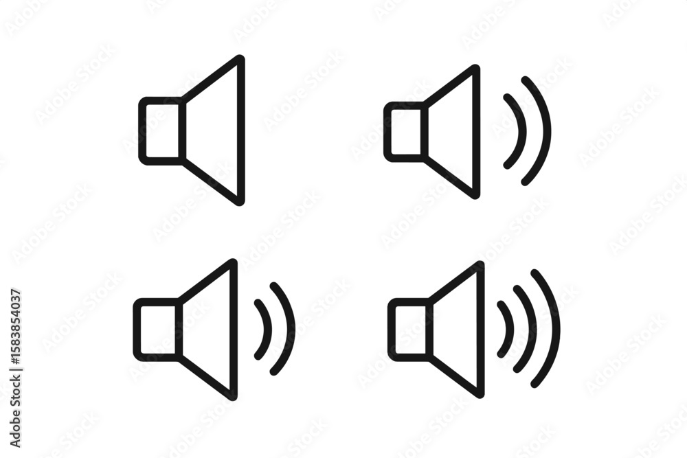 Poster minimalist speaker and volume icons set. line art loudspeaker symbols collection. isolated black out