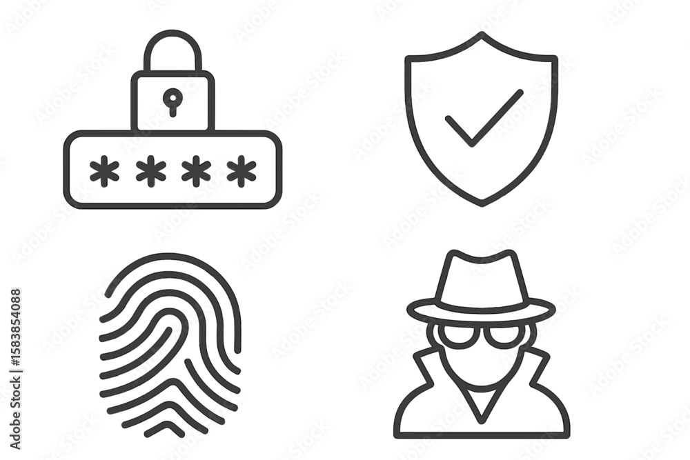Poster cyber security line icons set. password protection, security shield, fingerprint authentication, spy