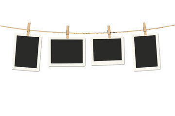 Realistic Retro Blank Photo Frames Hanging on Rope with Wooden Clothespins, Set of 4, Horizontal and Vertical Polaroid Template, Empty Photo Card Mockup for Memory Display and Scrapbooking