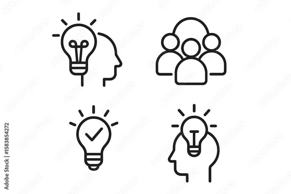 Poster creativity and innovation line icon set. creative business solution, teamwork, brainstorming, and ne