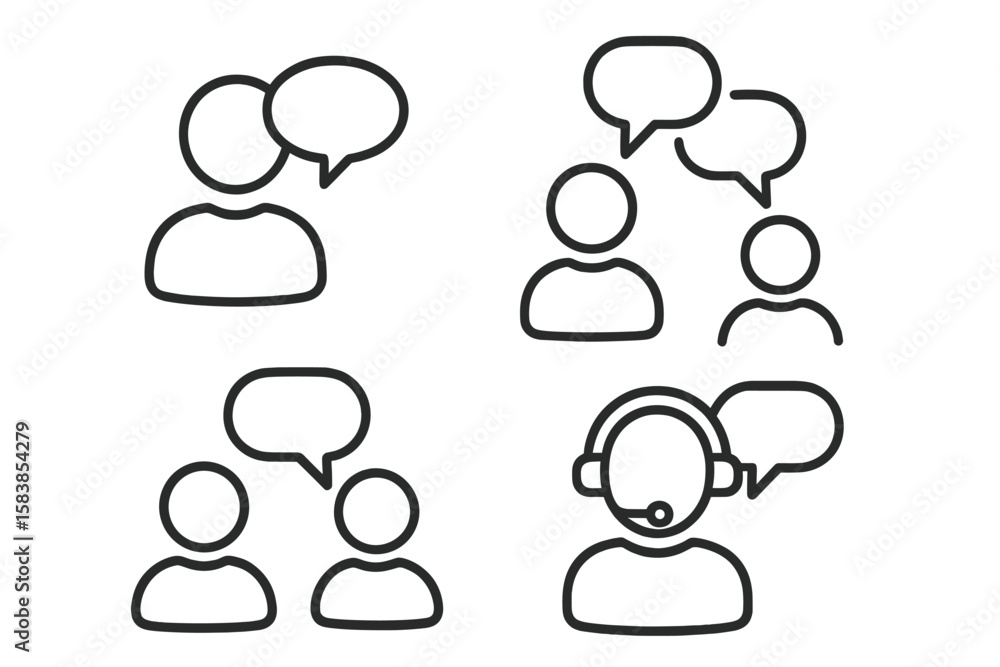 Poster line style communication vector icons set: people talking, speech bubbles, teamwork, customer suppor