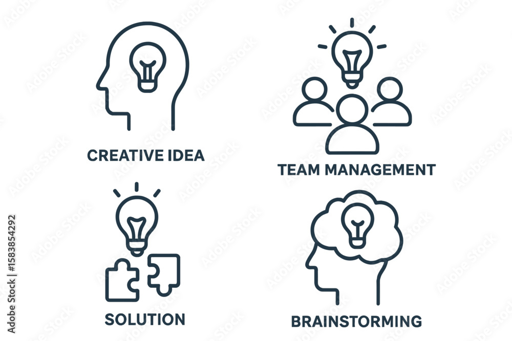 Poster creativity and innovation icon set in thin line style. creative business solutions for web and mobil