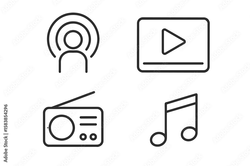 Poster audio video web icons set in thin line style. music and video symbols for web and mobile app design.