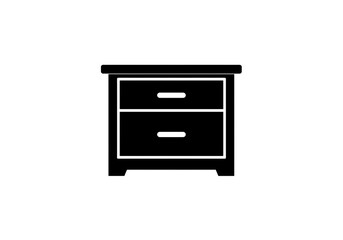 A simple black and white illustration of a two drawer nightstand against a white background
