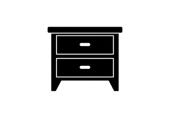 A simple black and white illustration of a two drawer nightstand on a white background view