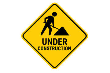 Caution Under Construction Sign Vector. Yellow Diamond Road Warning Symbol. Worker Shoveling Dirt Pile Icon. Printable Construction Area Safety Notice. Transparent PNG Clipart for Industrial Work Zone