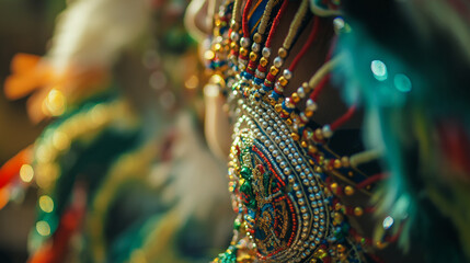 Obraz premium Ornate Headdress with Colorful Beads and Feathers in Close-Up View