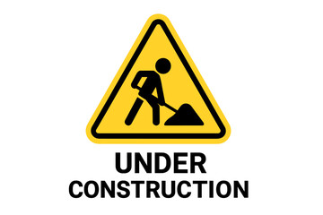 Caution Under Construction Sign Vector. Yellow Triangle Warning Symbol with Worker Shoveling. Roadwork Safety Icon. Construction Zone Alert. Transparent PNG. Editable Vector Illustration
