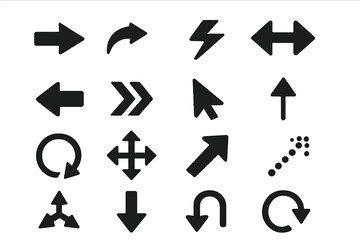 Black vector arrow icons set for web design and user interface. Collection of flat style directional symbols, cursors, pointers, and navigation graphic elements.