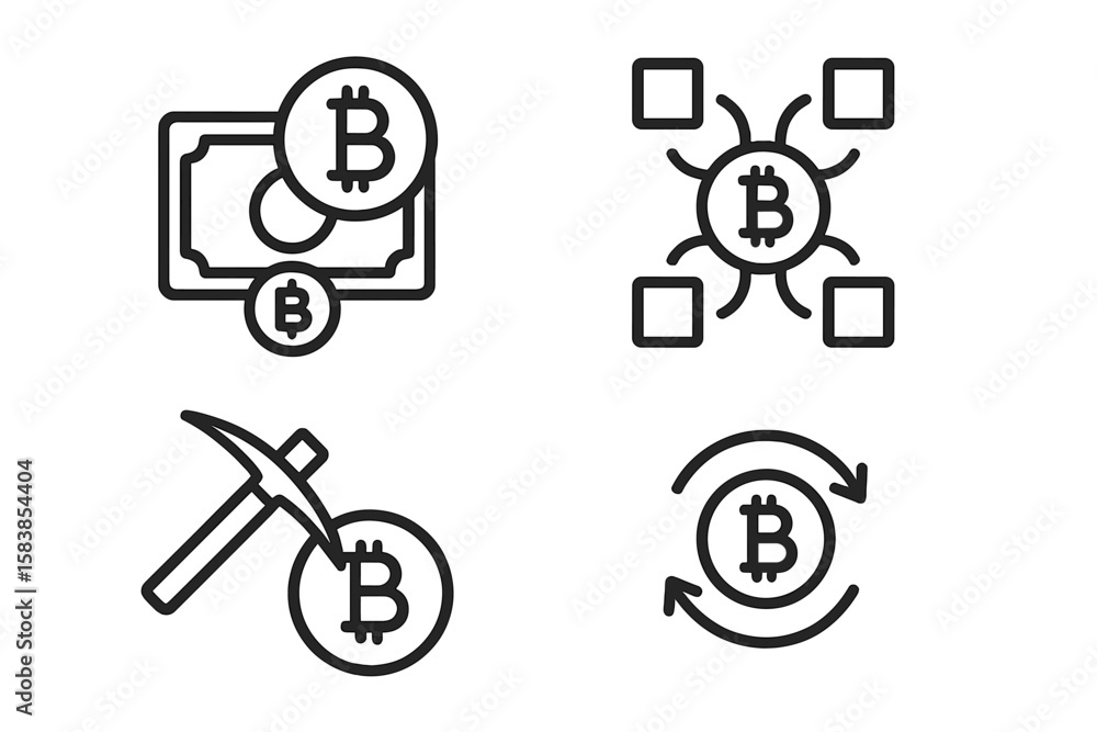 Poster bitcoin and cryptocurrency linear icon set. vector outline pictograms for fintech concepts. blockcha