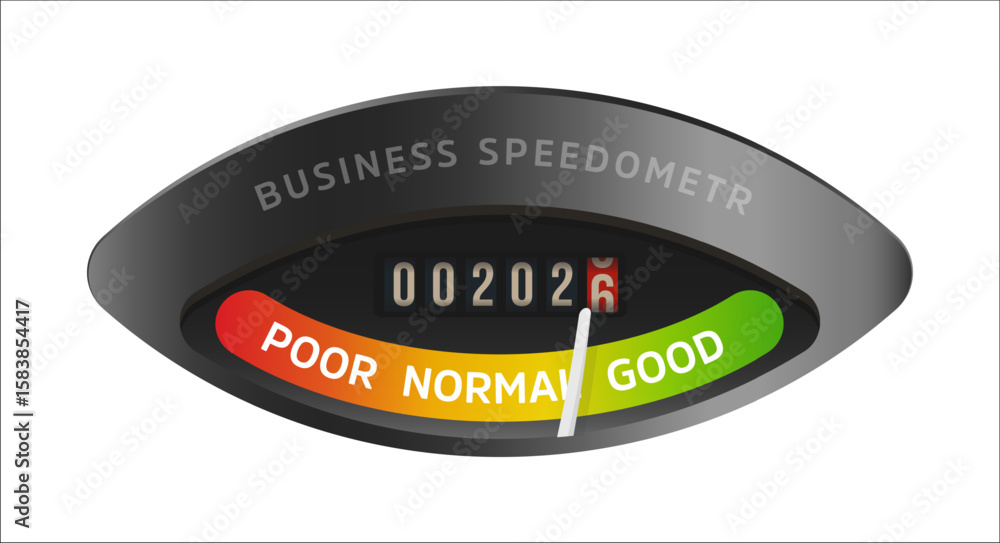 Poster business speedometer with 2026 year rolling into view, measurement tool of efficiency, growth indica
