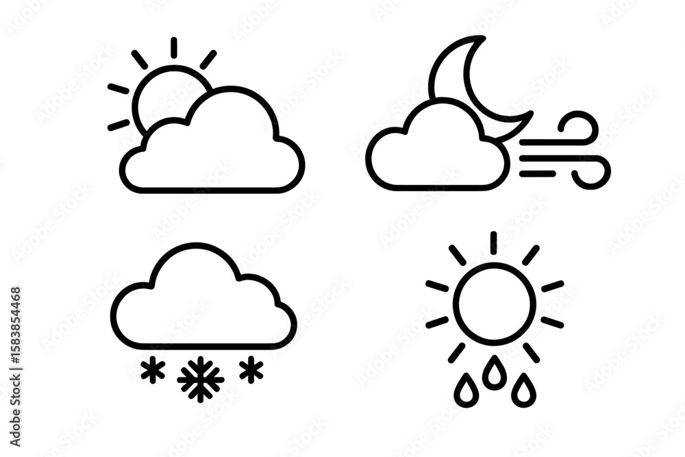 Aufkleber minimalist weather icon set – 4 linear style forecast symbols for web and mobile apps: cloudy, sunny