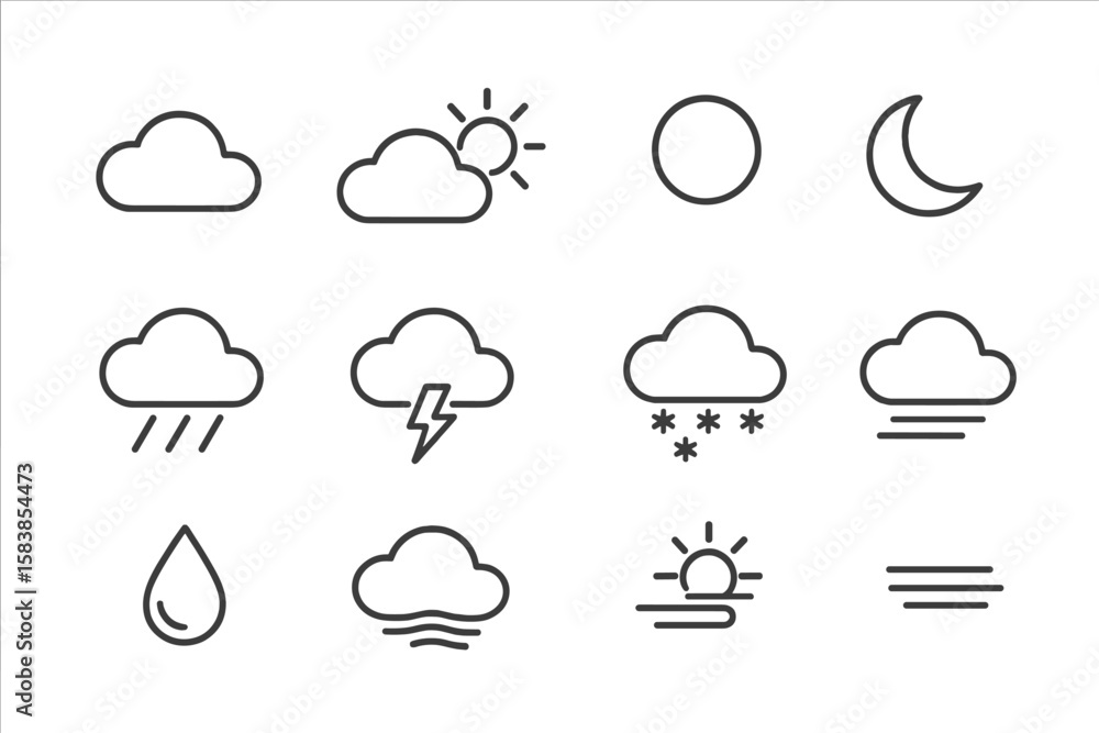 Poster weather line icon set for app and website ui. collection of simple outline symbols for forecast, inc