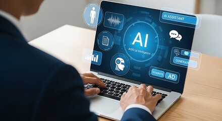 Man Using Advanced Artificial Intelligence Technology on Laptop Enhancing Business Processes and Data Analysis for Future Growth