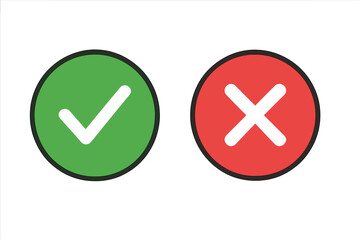 Green Check Mark and Red Cross Button Icons. Vector Illustration of Approval and Rejection Symbols in Circular Shape. Isolated on Transparent Background for UI, Web, App, and Infographic Design