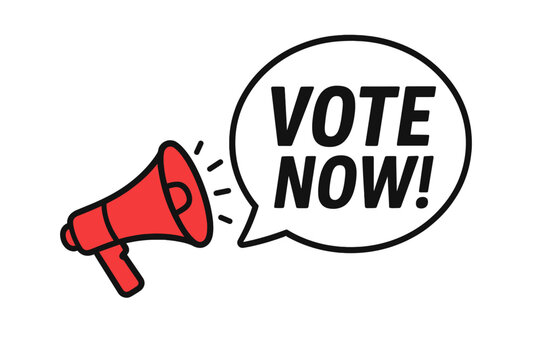 Red Megaphone with Speech Bubble and Bold "Vote Now" Text. Election Campaign Banner. Political Participation. Voting Promotion. Social Media Marketing. Business Advertising. Vector Illustration. - Powered by Adobe