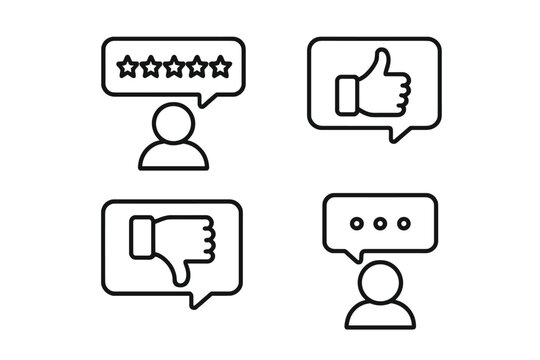 Customer satisfaction vector icons. User feedback and client review linear symbol set. Includes star rating, like, dislike, and customer experience evaluation icons for web.
