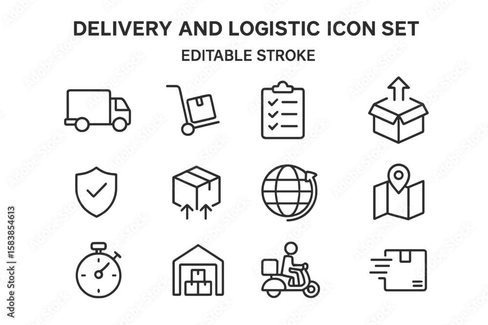 Poster delivery and logistic icon set. shipping service thin line icons for web and app. includes truck, co