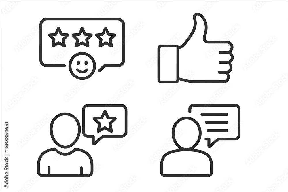 Aufkleber customer satisfaction icon set with feedback and review symbols. thin line art for web and mobile ap