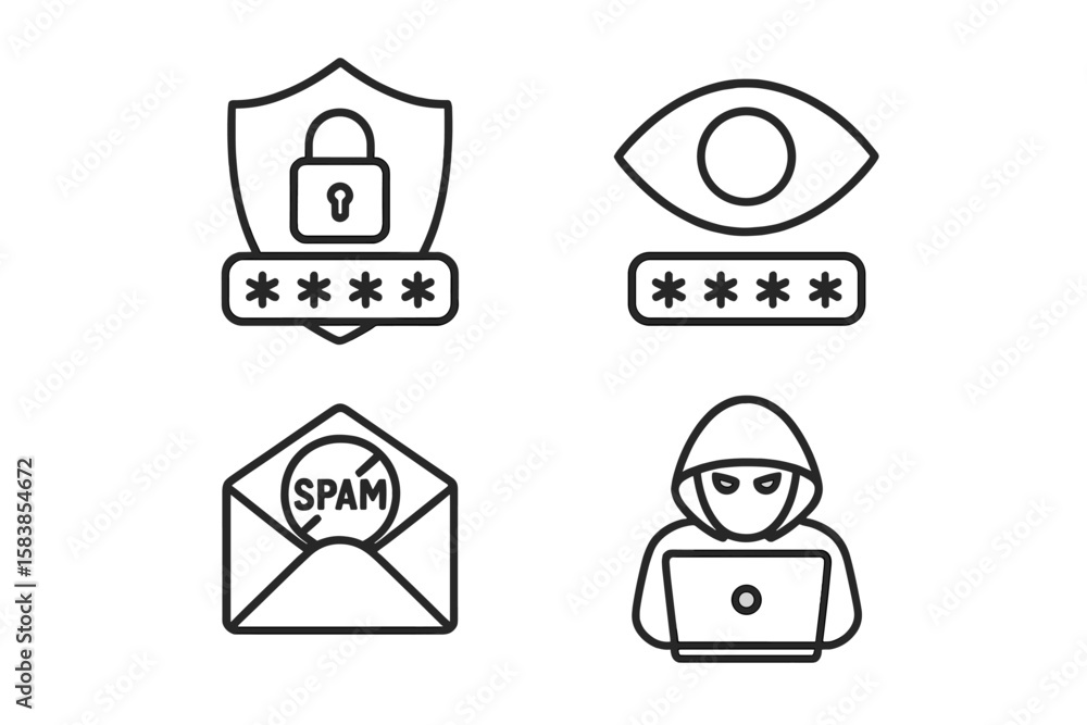 Poster cyber security outline icon set. line art symbols for internet safety and data protection. concepts 