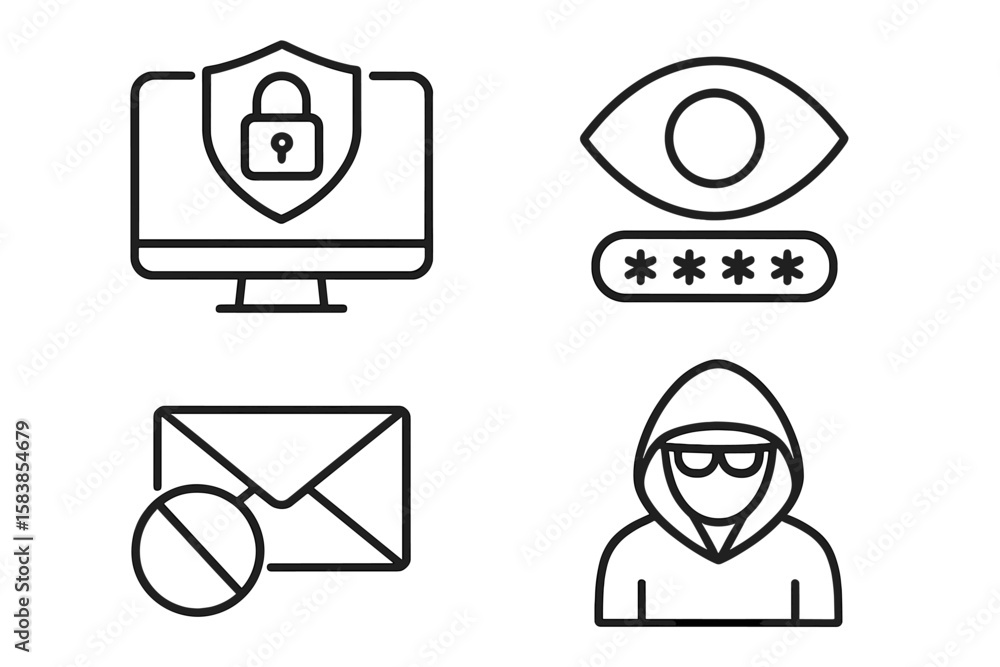 Aufkleber cyber security icon set. line art web icons for internet and data protection. hacker, password, spam