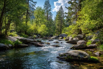 Obraz premium Majestic mountain river flows gracefully over rocks beneath a blue sky and lush greenery in a tranquil natural setting