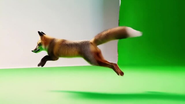 Fox leaping across a green screen background with a gray wall in the upper left corner green screen animal video