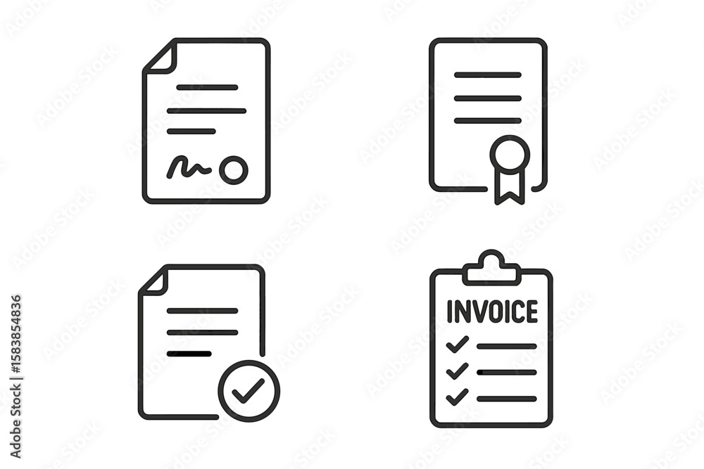 Poster document icon collection in thin line style. vector set includes contract, agreement with signature,