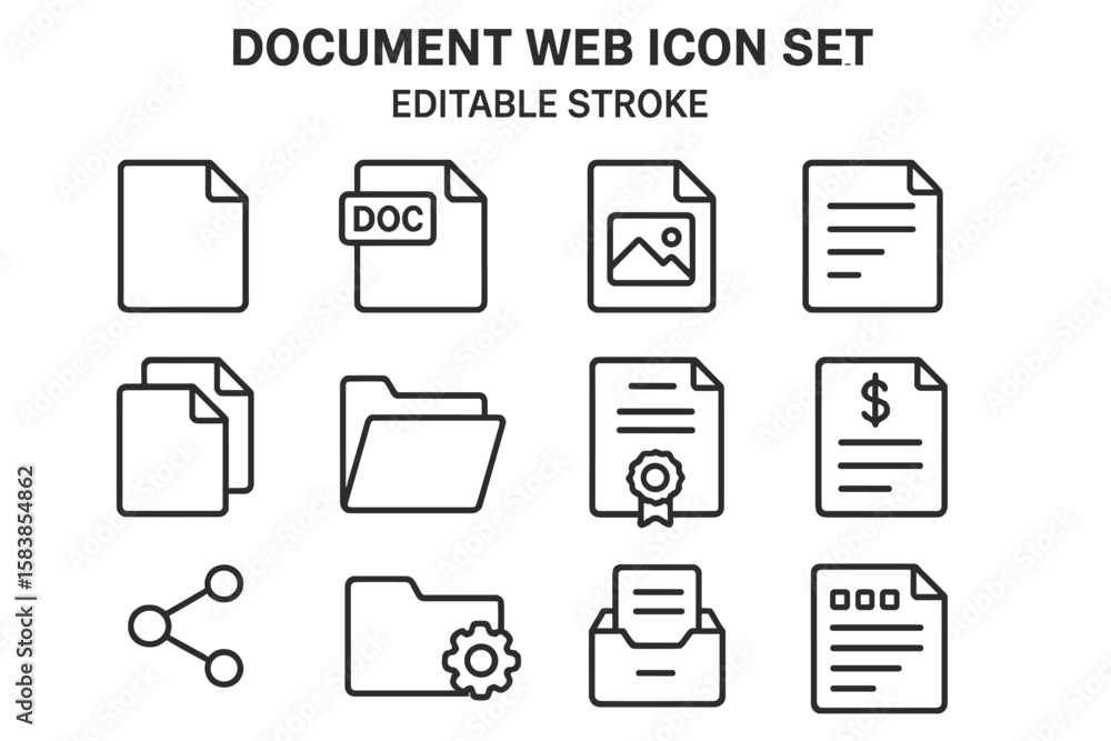 Aufkleber document and file web icon set in thin line style. collection of linear pictograms for website and a