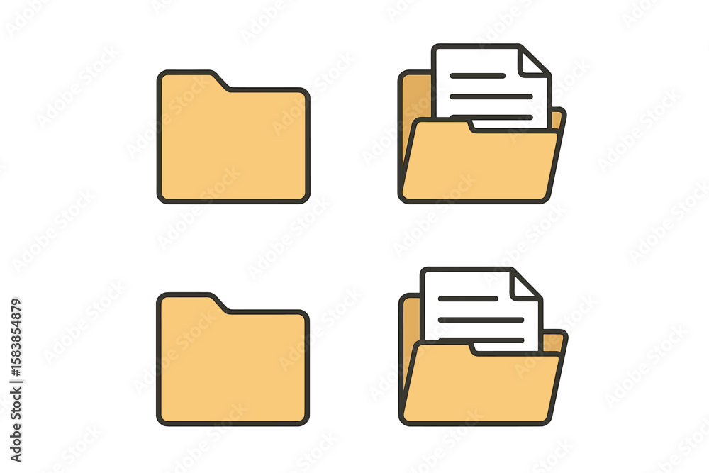 Fototapete Folder icon set. Open and closed folders with documents. Flat vector illustration for web design, UI, UX. Office data storage, file organization, and directory symbol.