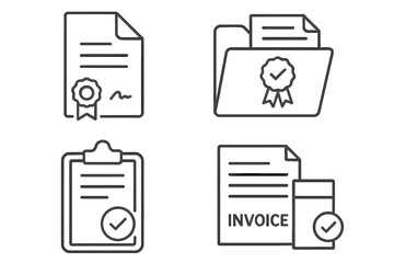 Document icon set in thin line style. Collection of business symbols like contract, approved certificate, quality folder, checklist clipboard, and paid invoice papers.