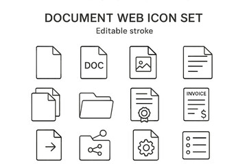 Document web icon set in thin line style. Vector collection of linear file icons for UI UX design. Includes folder, format, image, invoice, certificate, share. Editable stroke.