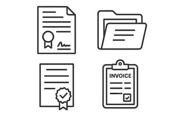 Document icon set. Thin line style web icons. Contract, papers, file folder, certificate, approved agreement, clipboard, invoice. Business and finance outline symbols.