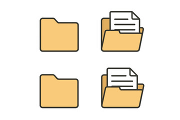 Folder icon set. Open and closed folders with documents. Flat vector illustration for web design, UI, UX. Office data storage, file organization, and directory symbol.