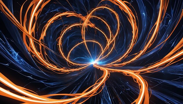 Fragmented perspective planes. A fusion of electric orange and dark blue. Transforming optical elements, flowing luminous filaments