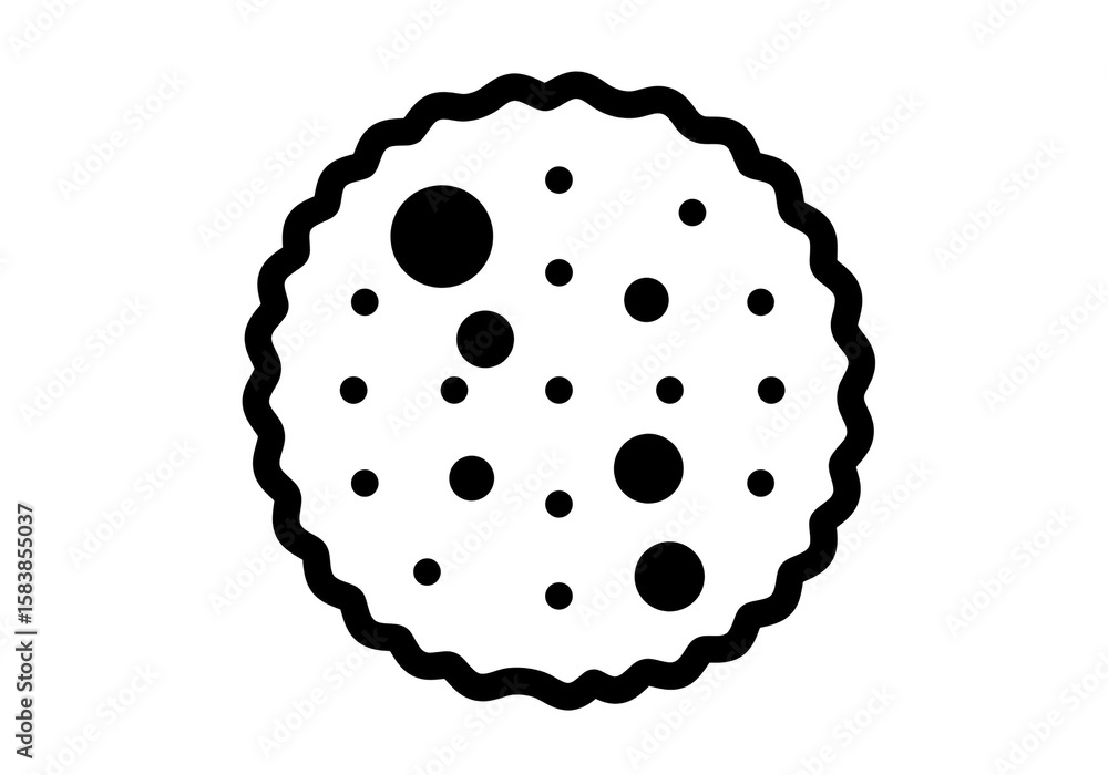Poster a black and white illustration of a round cookie with dots and a wavy edge design element