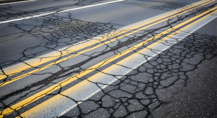 Worn Asphalt Showing Intense Cracking and Yellow Road Markings