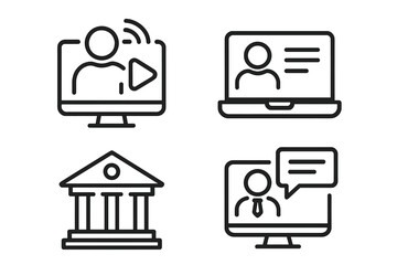 E-learning line icon set. Online education, distance learning, video tutorial, webinar pictogram. Digital classroom, online course, school, university vector symbol for web.