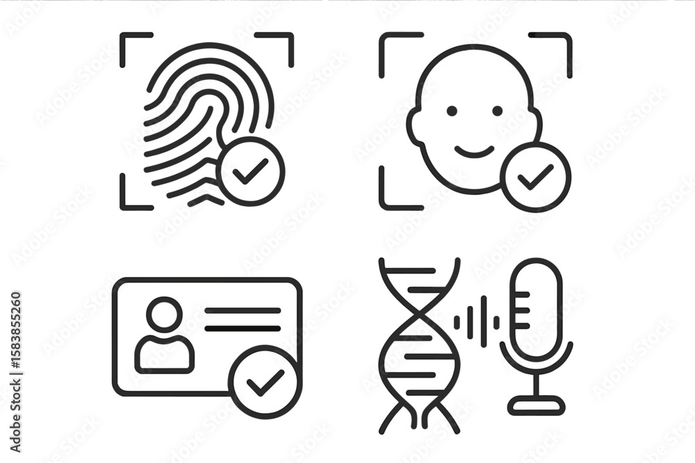 Poster identity verification line icon set for security systems. biometric authentication concepts: fingerp