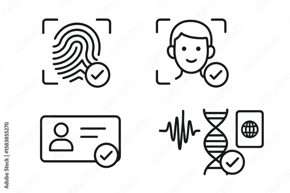 Poster identity verification line icon set. biometric authentication for security and access control. inclu