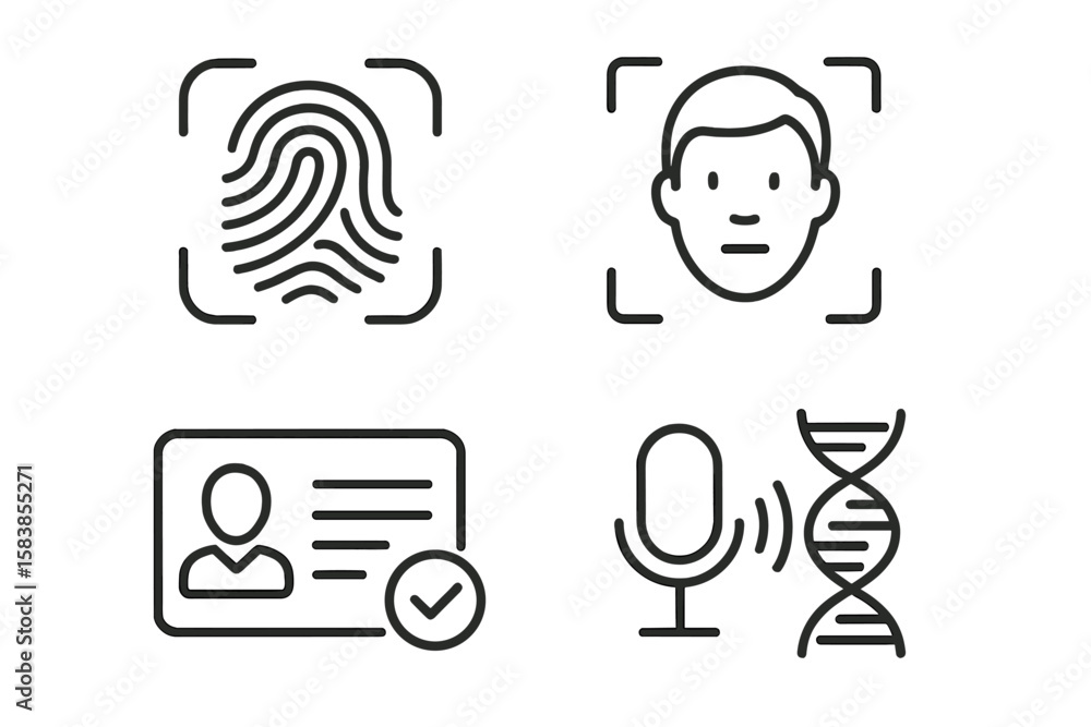 Poster identity verification and biometric authentication icon set. security system line icons for web and 