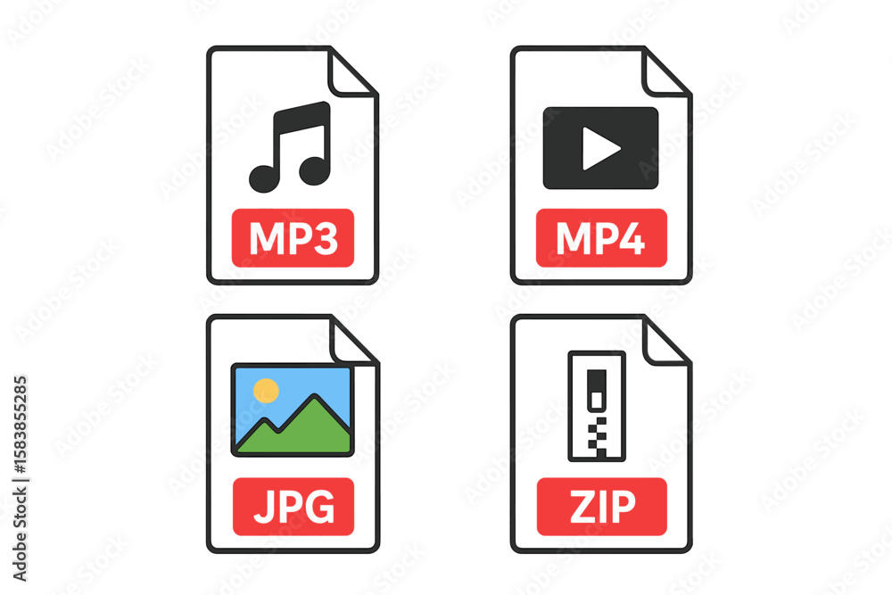 Poster file type icon set. popular document formats and extensions. flat design graphic templates for audio