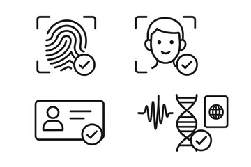 Identity verification line icon set. Biometric authentication for security and access control. Includes fingerprint, face recognition, ID card, voice, DNA, and passport icons.