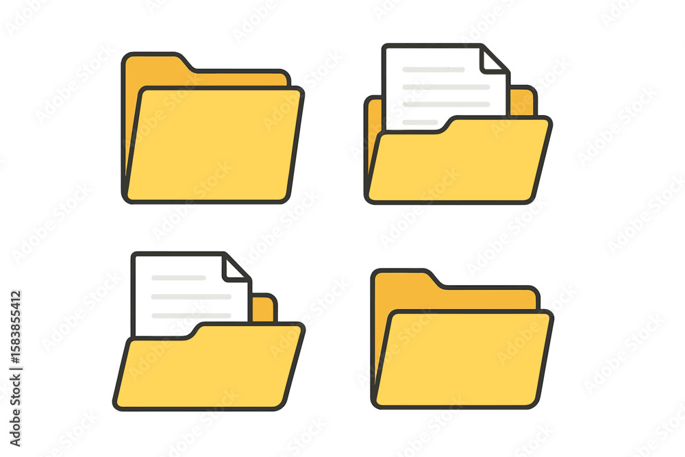 Poster set of 4 yellow folder icons with documents, open and closed file folders, flat design, office data 