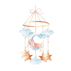 Watercolor baby cradle Mobile with cute pink rabbit sleeping on moon with clouds and stars. Hand drawn illustration in pastel colors of kids hanging toy. For greeting cards, gender reveal, its a girl