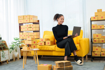 Entrepreneur, small business, SME, freelance woman working from home with lots of boxes on the...
