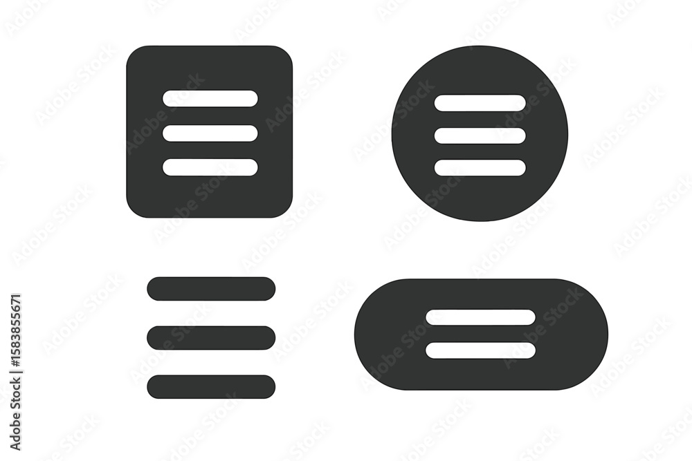Aufkleber set of 4 modern black hamburger menu icons for website and mobile app ui navigation, rounded and squ