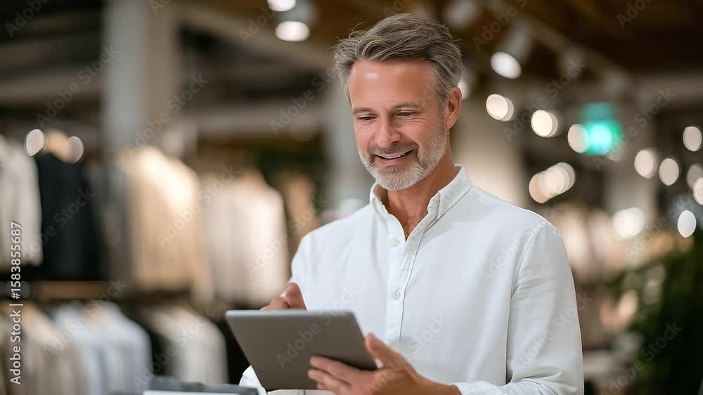 Aufkleber bearded man reviews customer loyalty program and purchase history on sleek tablet while standing bes